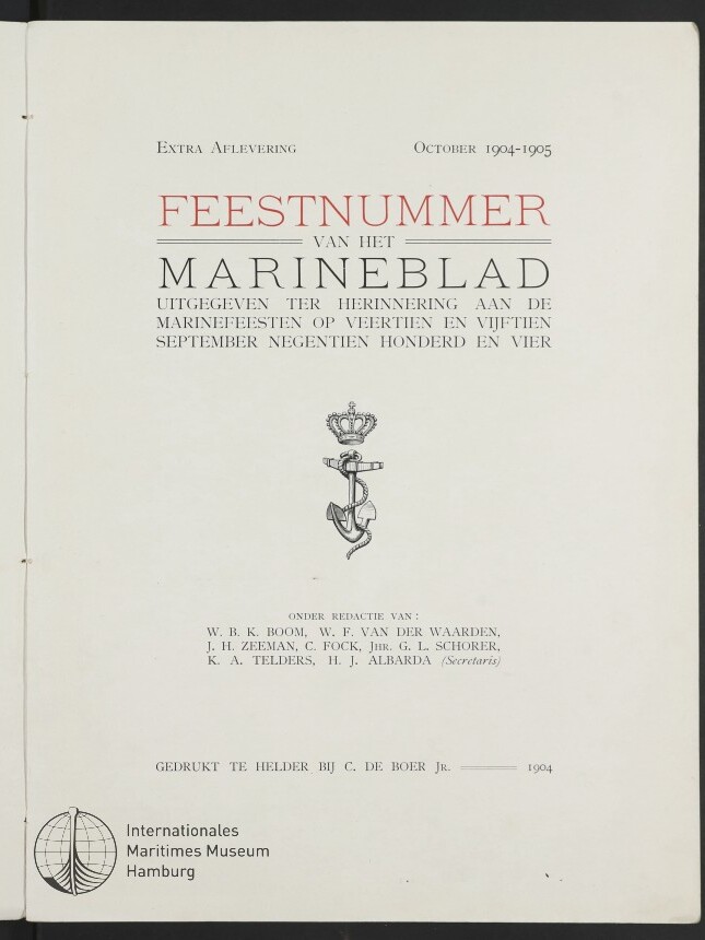 Titelblatt der Ausgabe Feestnummer van het Marineblad mit rot-schwarzer Typografie, gekröntem Ankeremblem und 1904–05