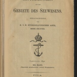Titelseite 1892 von Mitteilungen aus dem Gebiete des Seewesens mit Anker-Wappen und Besitzstempel der Stettiner Maschinenbau-Gesellschaft Vulcan