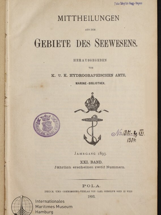 Titelblatt (1893) der Mitteilungen des Seewesens, mit Anker-Emblem und Bibliotheksstempeln.