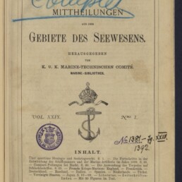 Vergilbtes Titelblatt der maritimen Fachschrift Pola 1901 mit blauem Handschriftzug, Anker-Wappen und lila Stempeln.