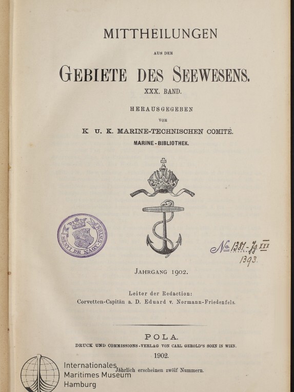 Titelblatt einer maritimen Publikation von 1902 mit großem Titel, Ankerwappen, Rundstempel und handschriftlicher Notiz.