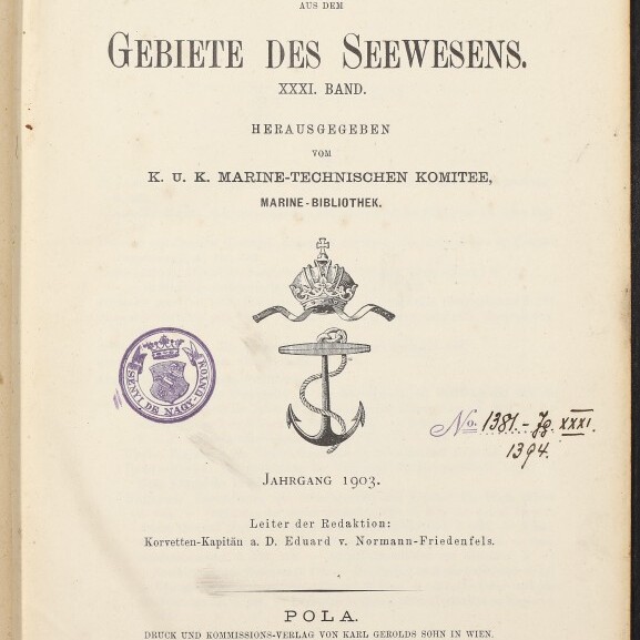 Titelblatt von Mitteilungen aus dem Gebiete des Seewesens, XXXI. Band (1903) mit Ankeremblem und Stempel.