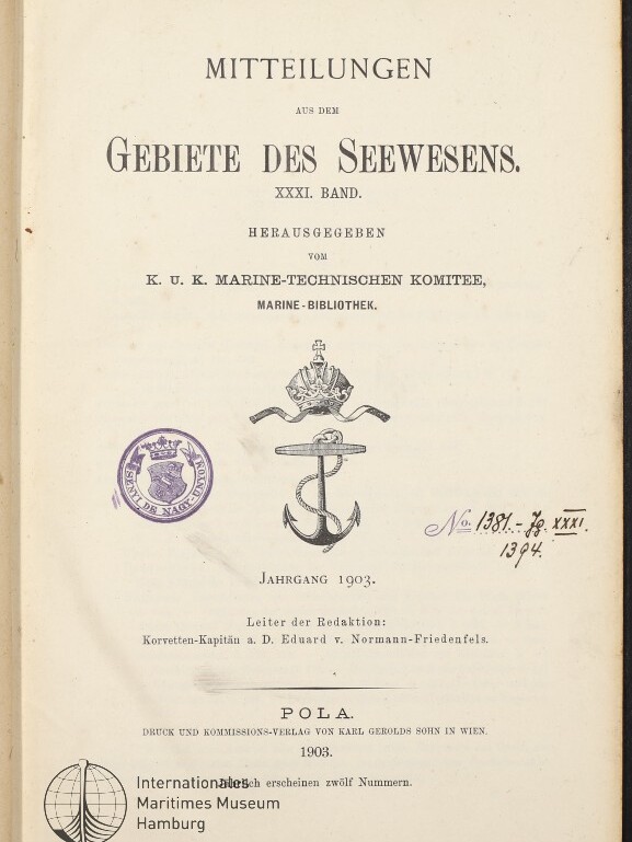 Titelblatt von Mitteilungen aus dem Gebiete des Seewesens, XXXI. Band (1903) mit Ankeremblem und Stempel.