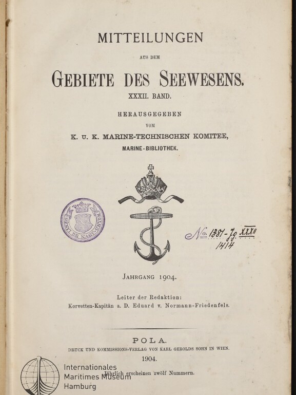 Titelblatt einer 1904 erschienenen Ausgabe Mitteilungen aus dem Gebiete des Seewesens, mit Ankerwappen und Stempeln.