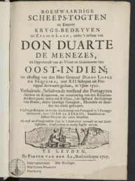 Historisches niederländisches Titelblatt (1707) mit großem Titel Don Duarte de Menezes und einer Holzschnittvignette