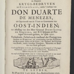 Historisches niederländisches Titelblatt (1707) mit großem Titel Don Duarte de Menezes und einer Holzschnittvignette