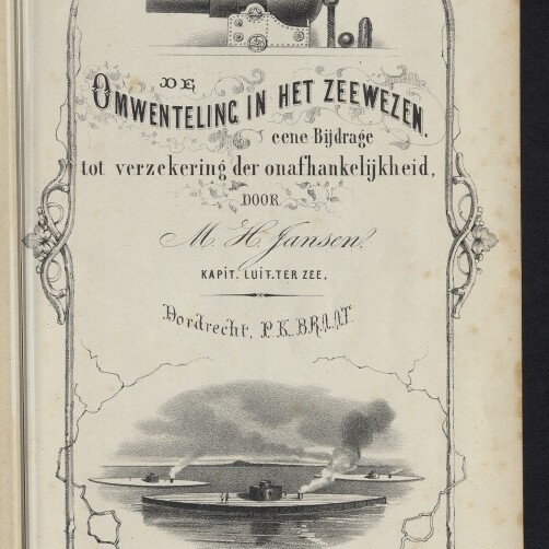 Historisches niederländisches Titelblatt mit dekorativem Rahmen, Kanone oben, Schiffsszene unten und Rundstempel.