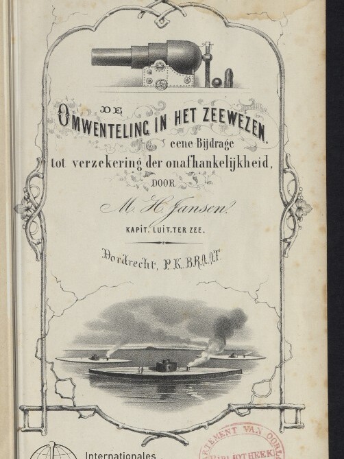 Historisches niederländisches Titelblatt mit dekorativem Rahmen, Kanone oben, Schiffsszene unten und Rundstempel.
