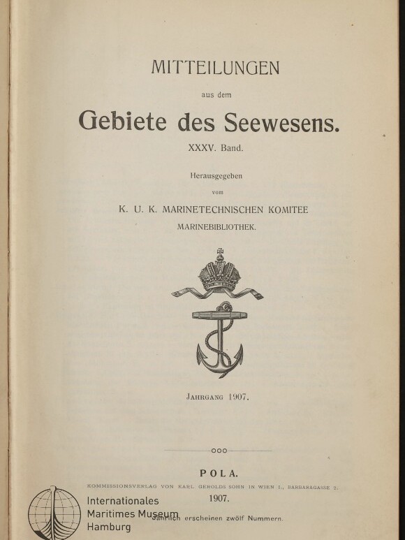 Titelblatt einer deutschen Seewesen-Publikation (1907) mit großem Titel, Krone-Anker-Emblem und Verlagsangaben.