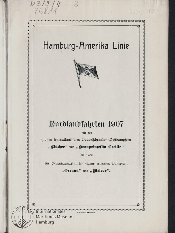 Titelblatt einer Hamburg-Amerika Linie Broschüre Nordlandfahrten 1907 mit dekorativem Rand und kleiner Schiffsflagge.
