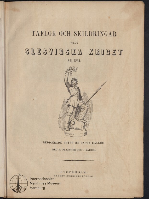Titelblatt (1864) mit großem schwedischen Titel und Holzstich eines Soldaten mit erhobenem Lorbeerkranz, Gewehr und Kanone sowie Museumsstempel.