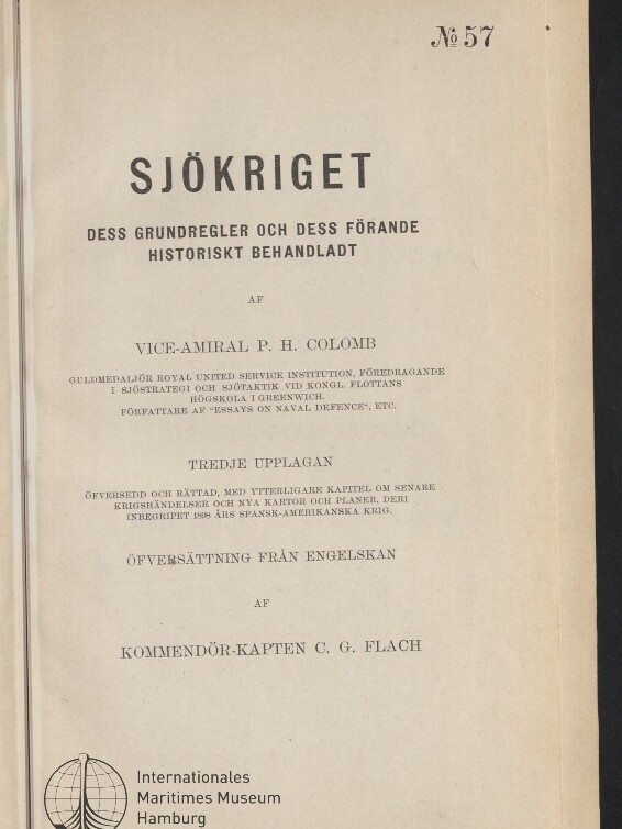 Titelblatt eines schwedischen Buchs mit großem Titel SJÖKRIGET, Autorangabe P. H. Colomb, Editionshinweis und Museumslogo.