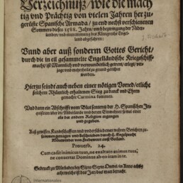 Titelblatt einer deutschen Frakturschrift zur Spanischen Armada (1588) auf vergilbtem Papier mit Randnotizen und Museumsstempel.