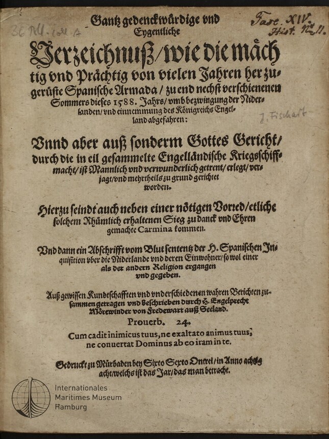 Titelblatt einer deutschen Frakturschrift zur Spanischen Armada (1588) auf vergilbtem Papier mit Randnotizen und Museumsstempel.
