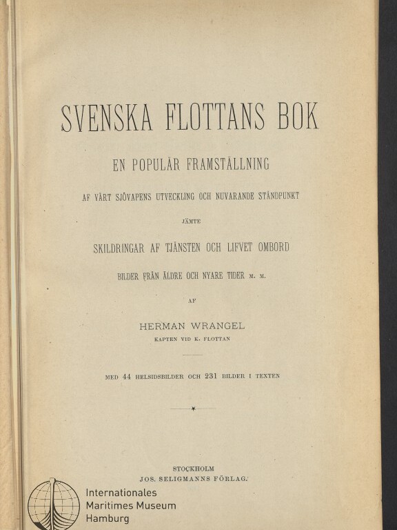 Titelseite eines Buchs mit großem Titel Svenska Flottans Bok, Untertitel und Verlagsangaben sowie Museumslogo unten links