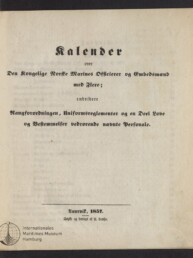 Titelblatt der Publikation Kalender über Den Kongelige Norske Marines Officierer og Embedsmænd, gedruckt 1857, Museumsstempel links unten