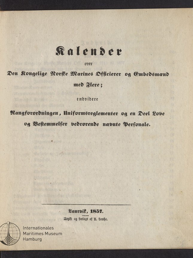 Titelblatt der Publikation Kalender über Den Kongelige Norske Marines Officierer og Embedsmænd, gedruckt 1857, Museumsstempel links unten