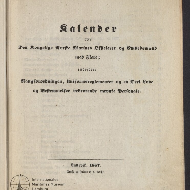 Titelblatt der Publikation Kalender über Den Kongelige Norske Marines Officierer og Embedsmænd, gedruckt 1857, Museumsstempel links unten