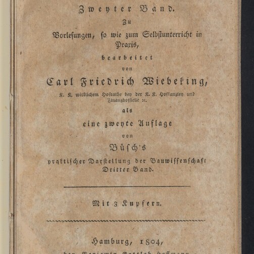 Titelblatt eines 1804 erschienenen Buchs Uebersicht der Wasserbaukunst von Carl Friedrich Wiebeking, vergilbt, Museumslogo unten links.