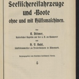 Titelseite eines deutschen Buchs (1904) mit Fraktur-Titel Seefischereifahrzeuge und -Boote, Autorenangaben und Museumsstempel.