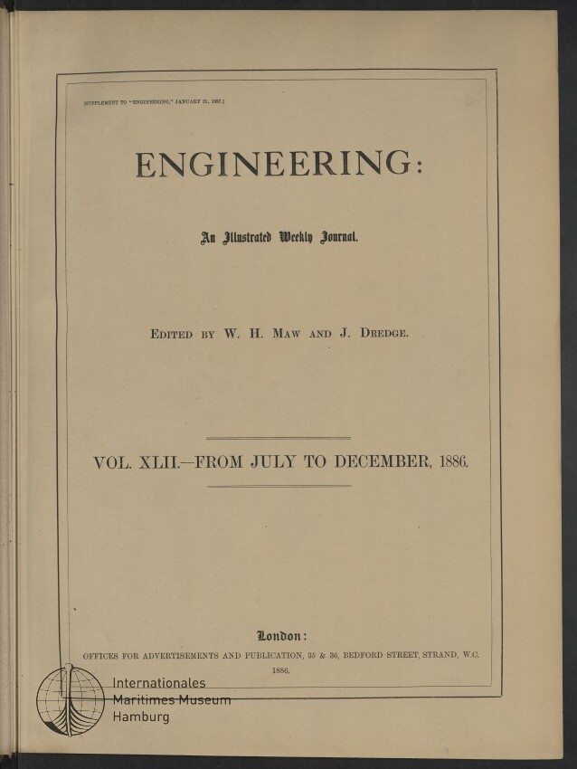 Titelblatt der Zeitschrift ENGINEERING, Vol. XLII (Juli–Dezember 1886), herausgegeben von W. H. Maw und J. Dredge.