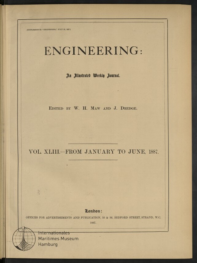 Titelseite der Zeitschrift ENGINEERING, herausgegeben von W. H. Maw und J. Dredge, Band XLIII, Januar–Juni 1887.