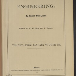 Titelseite des Journals ENGINEERING (Vol. XLV, Jan–Jun 1888) mit Herausgebern, Verlagsangabe und Museumsstempel.