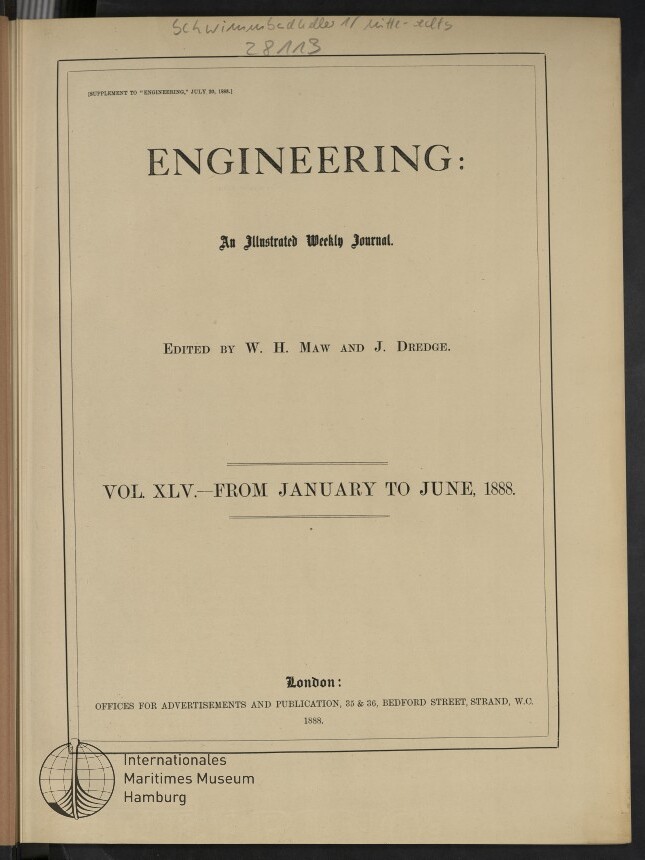 Titelseite des Journals ENGINEERING (Vol. XLV, Jan–Jun 1888) mit Herausgebern, Verlagsangabe und Museumsstempel.