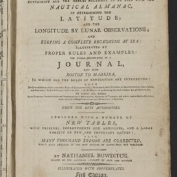 Titelblatt des alten Navigationshandbuchs The New American Practical Navigator von Nathaniel Bowditch mit Museumsstempel.