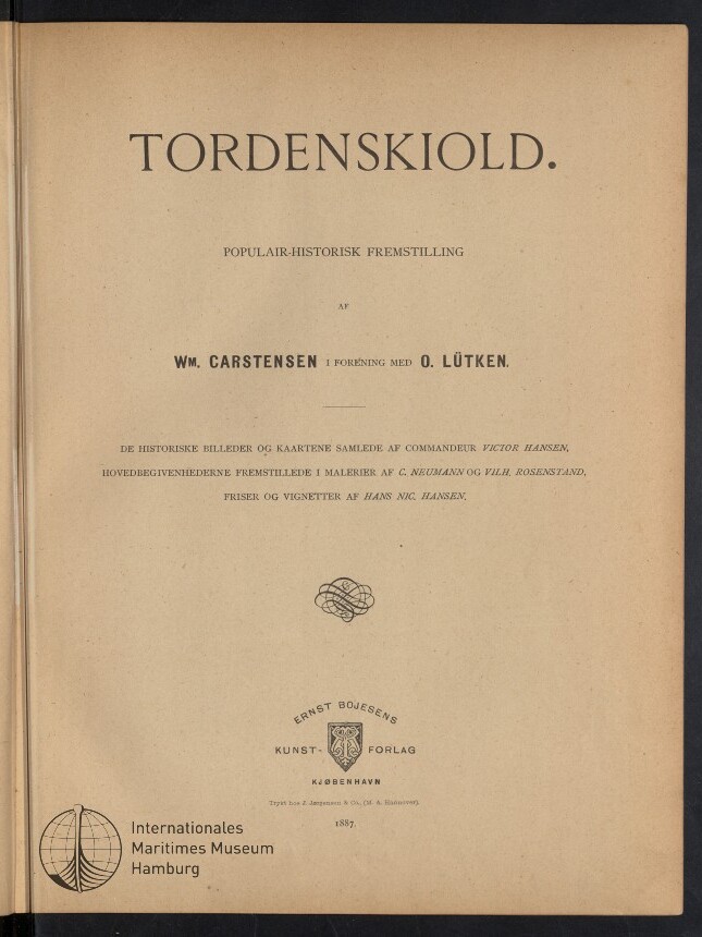 Titelblatt des Buches TORDENSKIOLD mit Autorenangaben Wm. Carstensen und O. Lütken, Verlagswappen und Stempel des Internationalen Maritimen Museums Hamburg.