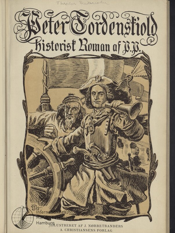 Cover mit Titel Peter Tordenstöld und Bild eines Seefahrers am Steuerrad mit Horn, älterer Mann dahinter.