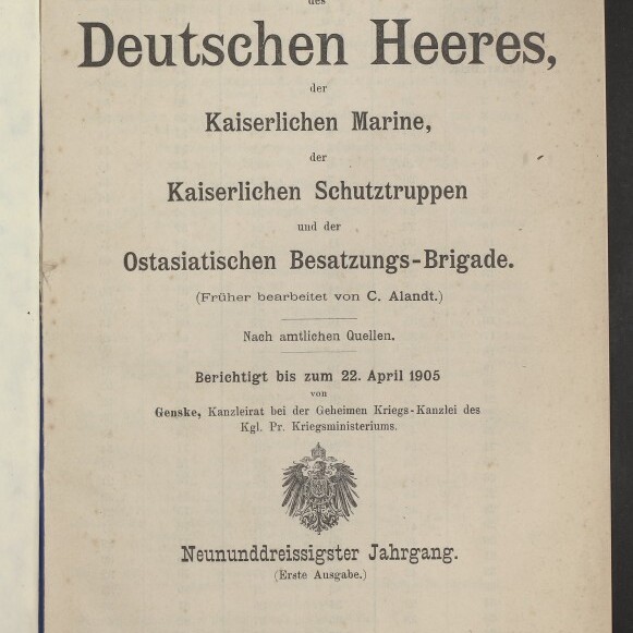 Titelblatt einer 1905er deutschen Militärpublikation mit großer Überschrift Deutschen Heeres, kaiserlichem Adler und Verlagsangaben.