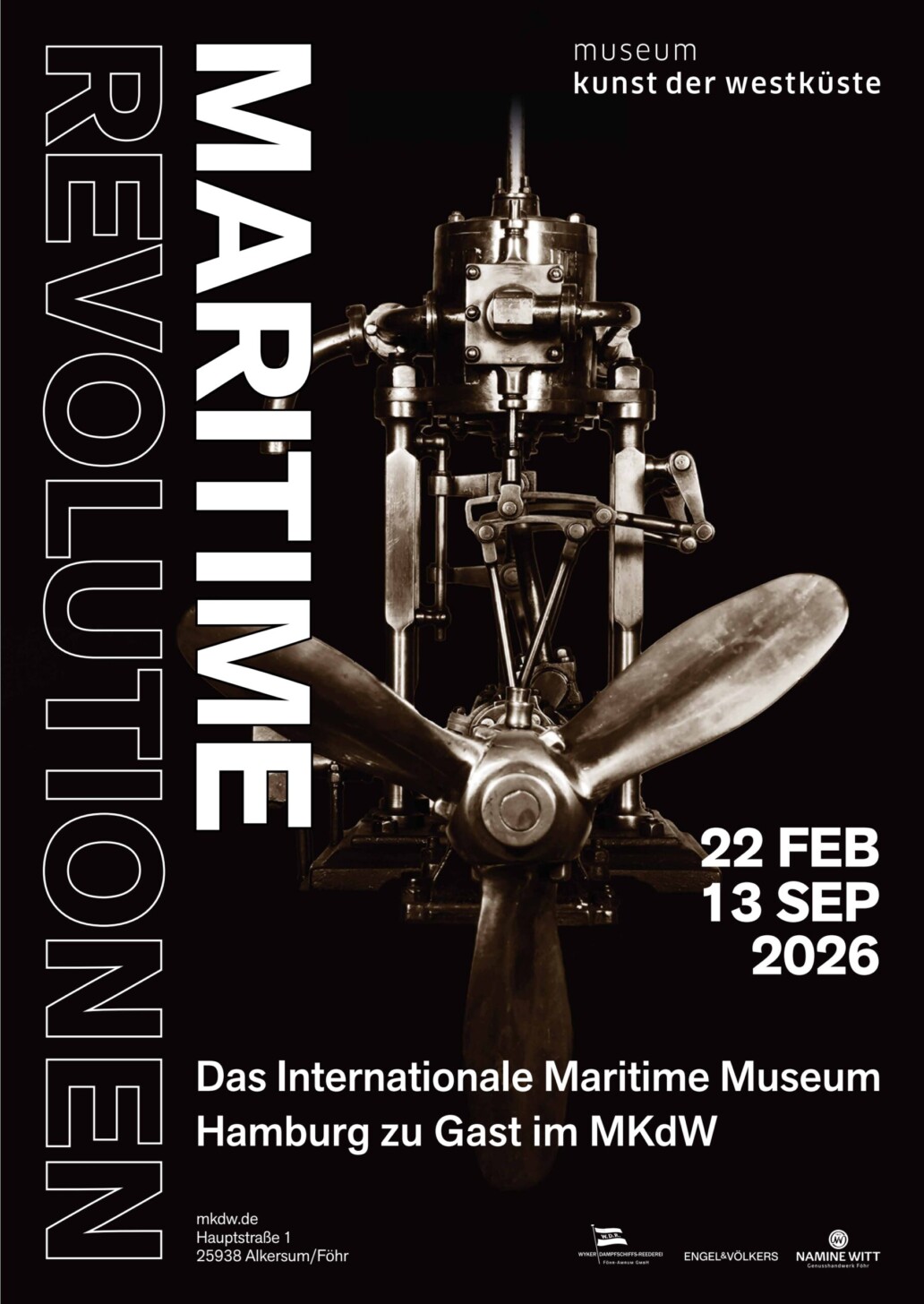 Plakat f&uuml;r die Ausstellung Maritime Revolutionen mit Nahaufnahme einer historischen Schiffsschraube und Motor, Ausstellung 22. Feb&ndash;13. Sep 2026.