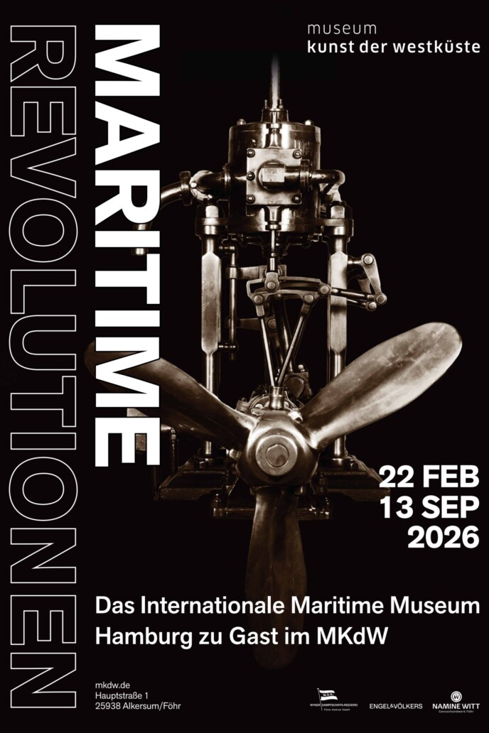 Plakat für die Ausstellung Maritime Revolutionen mit Nahaufnahme einer historischen Schiffsschraube und Motor, Ausstellung 22. Feb–13. Sep 2026.