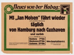 Historisches Werbeplakat f&uuml;r die MS Jan Molsen, die t&auml;glich von Hamburg nach Cuxhaven und zur&uuml;ck f&auml;hrt, mit gr&uuml;nem Rahmen.