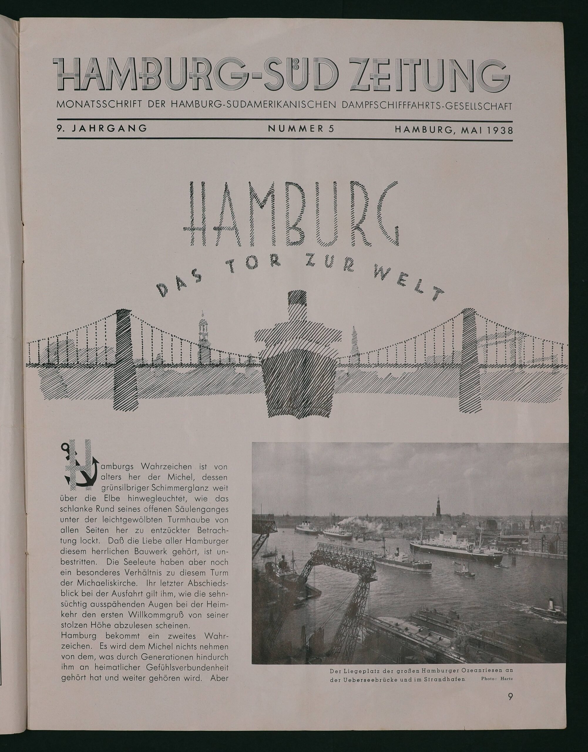Titelseite der Hamburg‑S&uuml;d Zeitung (Mai 1938) mit skizzierter Silhouette von Hamburg, Br&uuml;cke, Schiffsbug und kleinem Hafenfoto.
