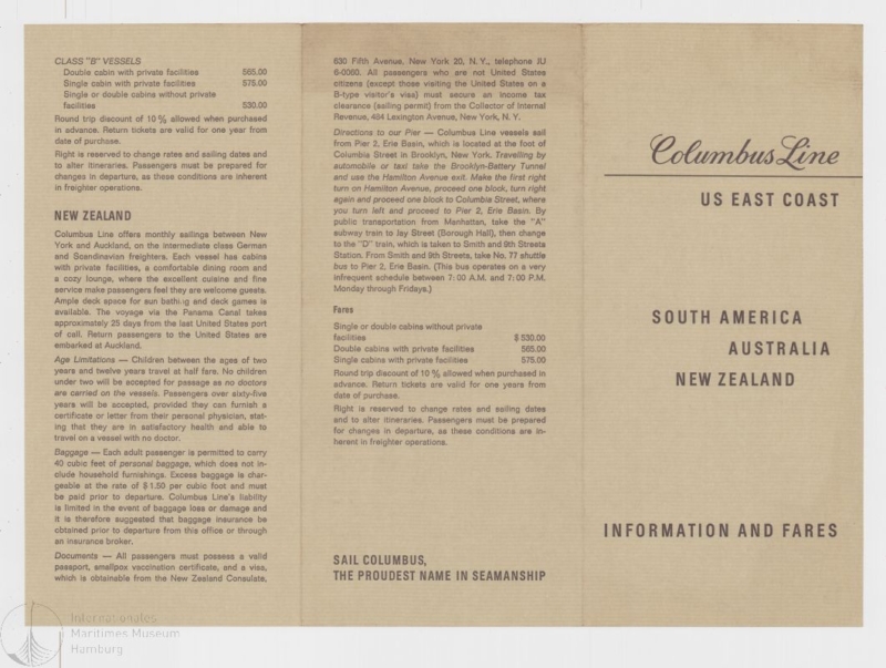 Prospekt englisch der Columbus Line US East Coast, South America, Australia, New Zealand, Information an Fares,