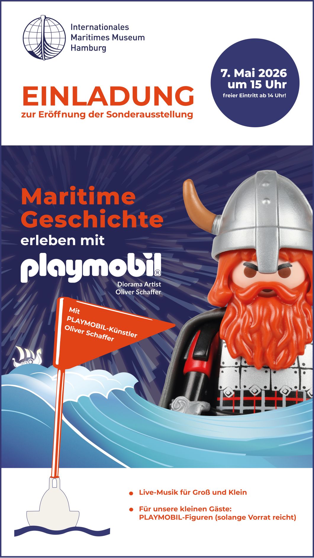 Einladungsplakat des Internationalen Maritimen Museums Hamburg zur Playmobil-Sonderausstellung mit gro&szlig;em Playmobil-Wikinger und Datum 7. Mai 2026.