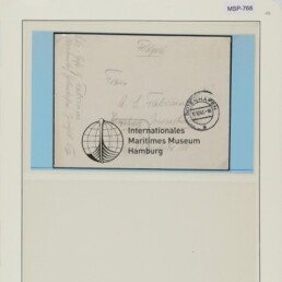 Archivseite mit montiertem Feldpost-Umschlag, Internationales Maritimes Museum-Logo, Gotenhafen-Poststempel (10.10.1942) und Farbreferenz