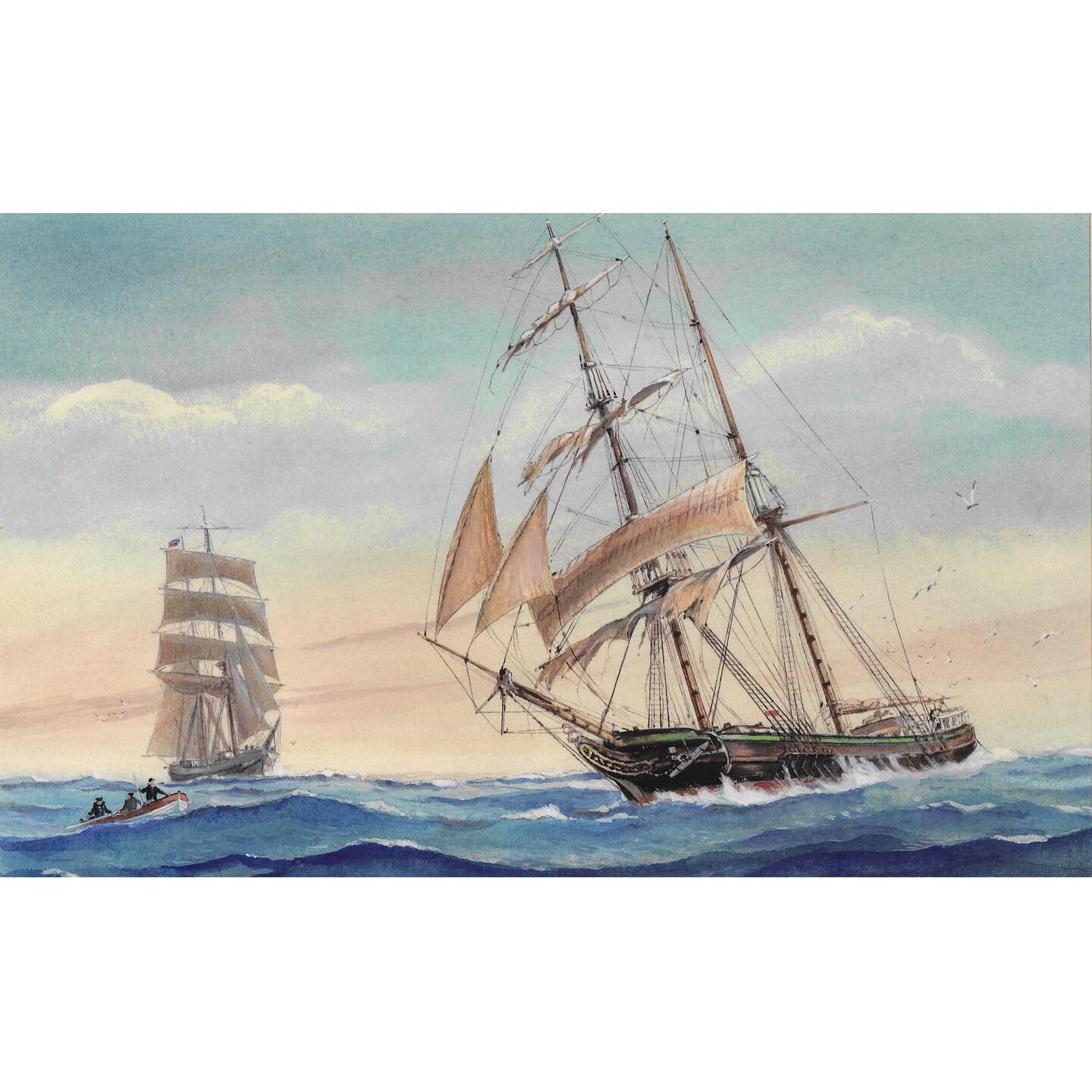 Segelschiff mit geblähten Segeln und takelung bei rauer See, im Hintergrund ein weiteres Vollschiff und ein Rettungsboot mit Besatzung.