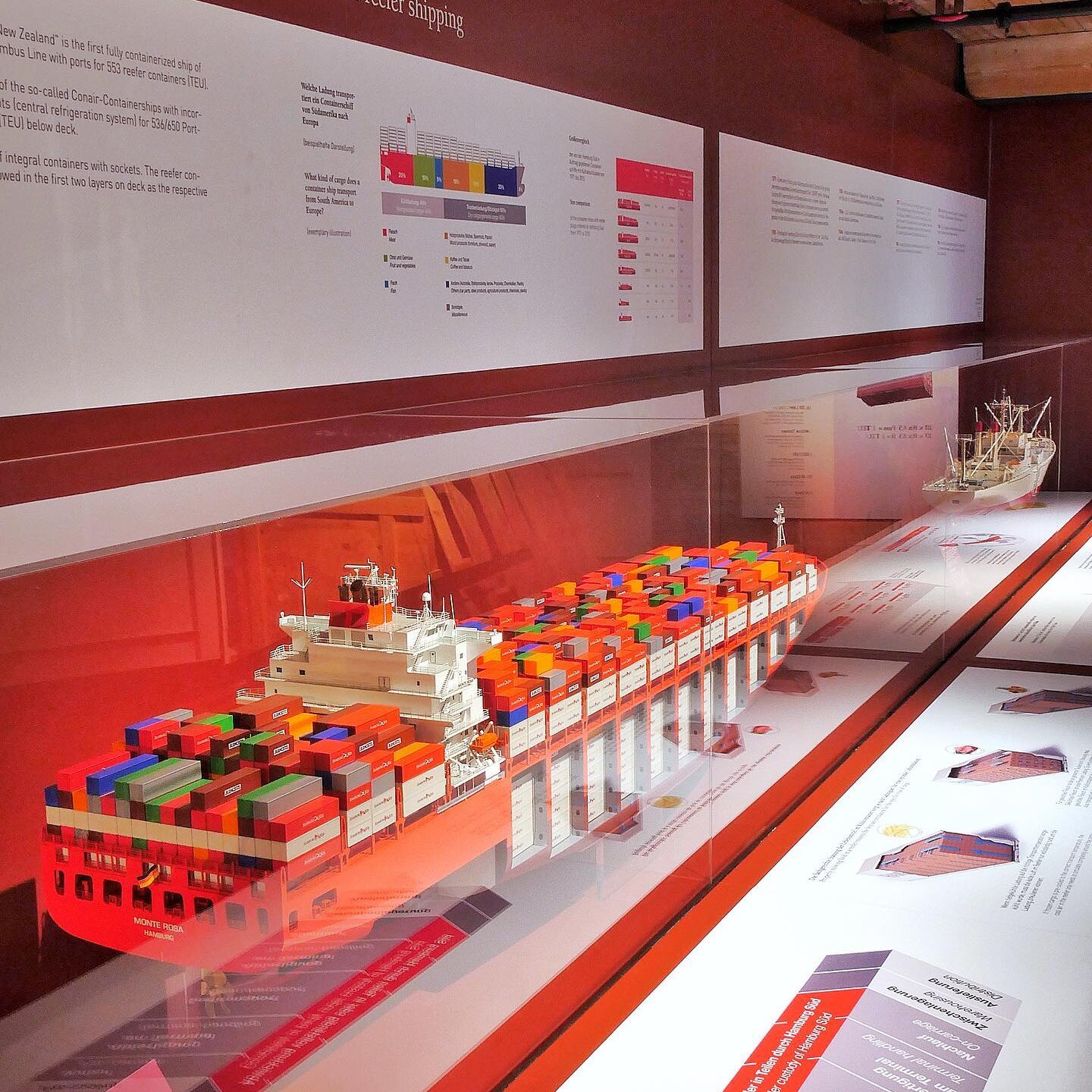Ausstellungsvitrine mit Modell eines Containerschiffs mit bunten Containerstapeln und erklärenden Infotafeln zur Kühl- und Containerfahrtentwicklung