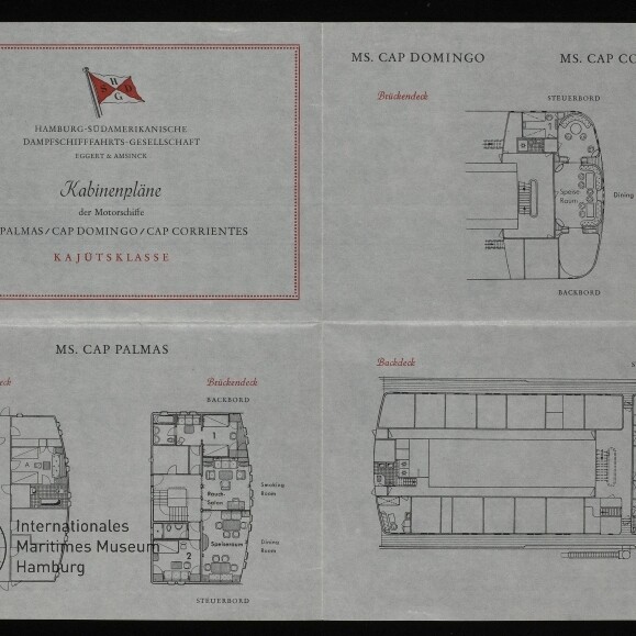 Kabinenpläne und Decksgrundrisse der MS Cap Palmas und Schwesterschiffe, mit Museumsstempel unten links.
