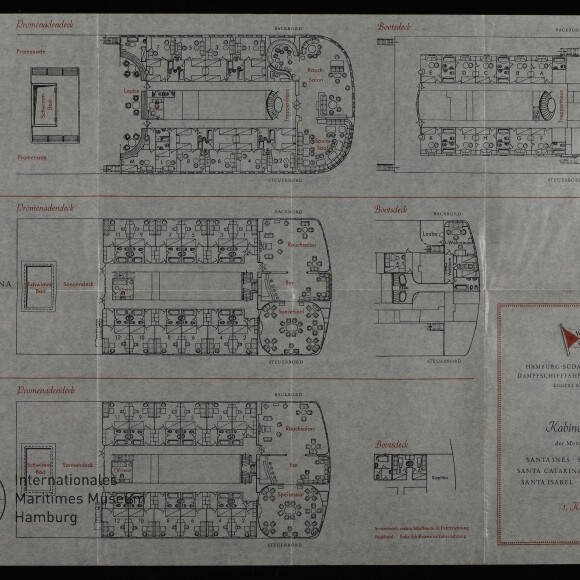 Deckpläne mehrerer Passagierschiffe (MS Santa‑Reihe) mit Kabinen-, Treppen- und Aufenthaltsraum-Grundrissen im Blaupausenstil