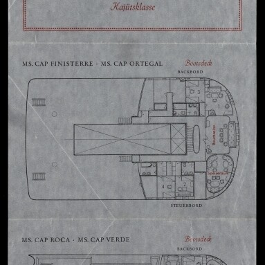 Faltblatt mit rotem Flaggenlogo und schematischen Deckplänen der Kajütenklasse für MS Cap Finisterre, Ortegal, Roca und Verde.