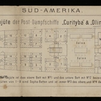 Deckplan SÜD-AMERIKA der 1. Cajüte der Postdampfschiffe Curityba & Olinda mit Kabinen, Salons, Pantry und Museumslogo.