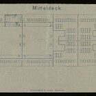 Länglicher Decksplan eines Schiffs (Mitteldeck) mit Kabinen, links Schriftzug Internationales Maritimes Museum Hamburg