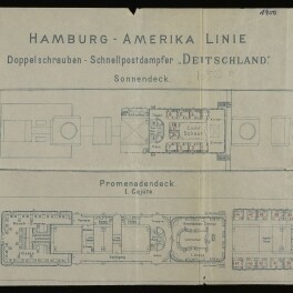 Deckpläne (Sonnendeck und Promenadendeck) des Schnellpostdampfers Deutschland der Hamburg‑Amerika‑Linie mit Museumswasserzeichen.