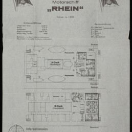 Deckplan der Hamburg‑Amerika‑Linie für Motorschiff RHEIN mit A‑Deck und B‑Deck Grundrissen, Kabinen, Promenaden und Museumslogo.