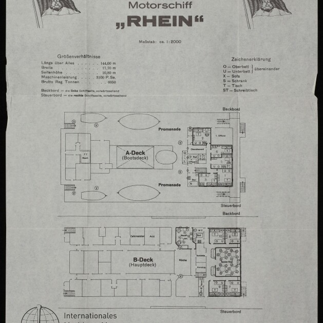 Deckplan der Hamburg‑Amerika‑Linie für Motorschiff RHEIN mit A‑Deck und B‑Deck Grundrissen, Kabinen, Promenaden und Museumslogo.