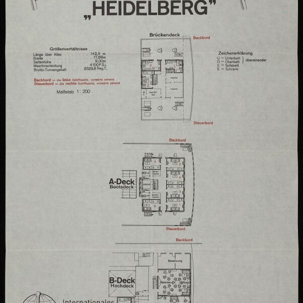 Deckplan der Hamburg‑Amerika Linie für das Motorschiff Heidelberg mit Brücken-, A‑ und B‑Deck-Grundrissen und Museumssignet.